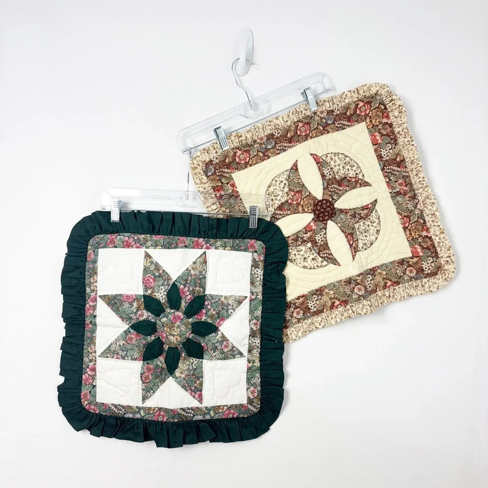 Vintage Handmade Quilted Ruffled Pillow Covers/Shams Set Cottage Boho 15